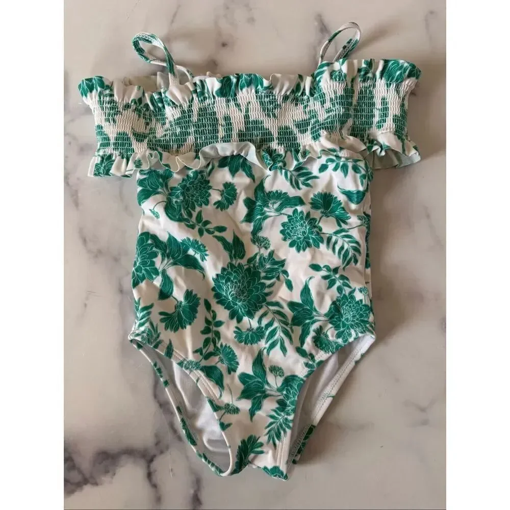 Janie & Jack girls 2T Alhambra white green floral smocked one piece swimsuit col